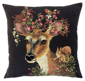 Deer with Squirrel Throw Pillow - Black