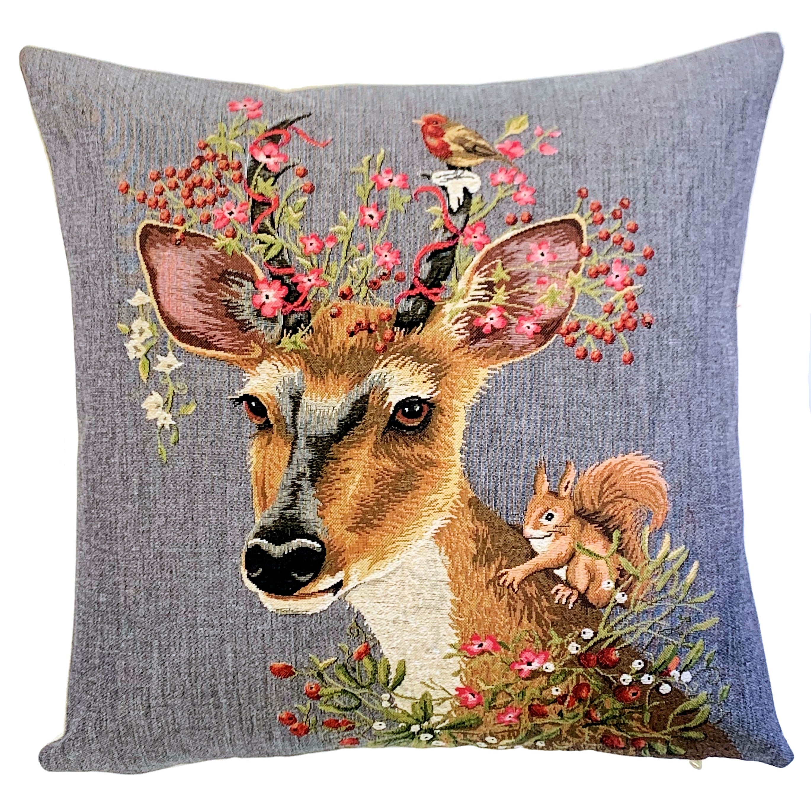 Deer with Squirrel Throw Pillow - Grey